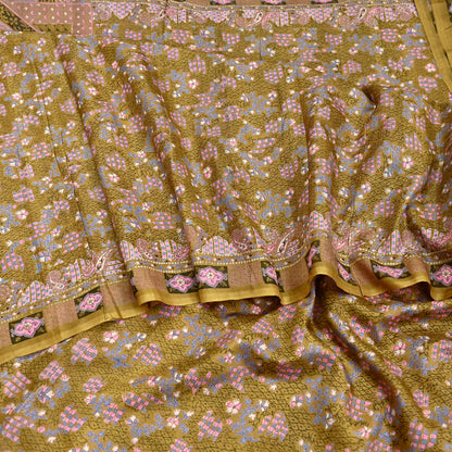 Vintage Green Pure Silk Saree Indian Printed Floral Silk Fabric 5 Yard Soft Sewing Material for Dressmaking, Quilting Crafts
