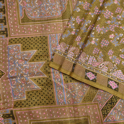 Vintage Green Pure Silk Saree Indian Printed Floral Silk Fabric 5 Yard Soft Sewing Material for Dressmaking, Quilting Crafts