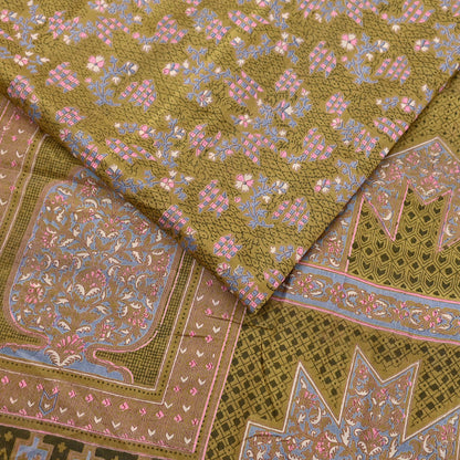 Vintage Green Pure Silk Saree Indian Printed Floral Silk Fabric 5 Yard Soft Sewing Material for Dressmaking, Quilting Crafts