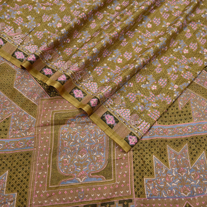 Vintage Green Pure Silk Saree Indian Printed Floral Silk Fabric 5 Yard Soft Sewing Material for Dressmaking, Quilting Crafts