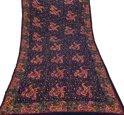 Indian Vintage Heavy Sari Blue Pure Georgette Silk Hand Embroidered Sozni Sarees Craft Fabric 5Yd Sewing Dress making Wedding sari