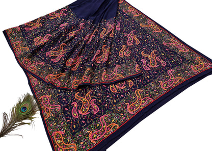 Indian Vintage Heavy Sari Blue Pure Georgette Silk Hand Embroidered Sozni Sarees Craft Fabric 5Yd Sewing Dress making Wedding sari