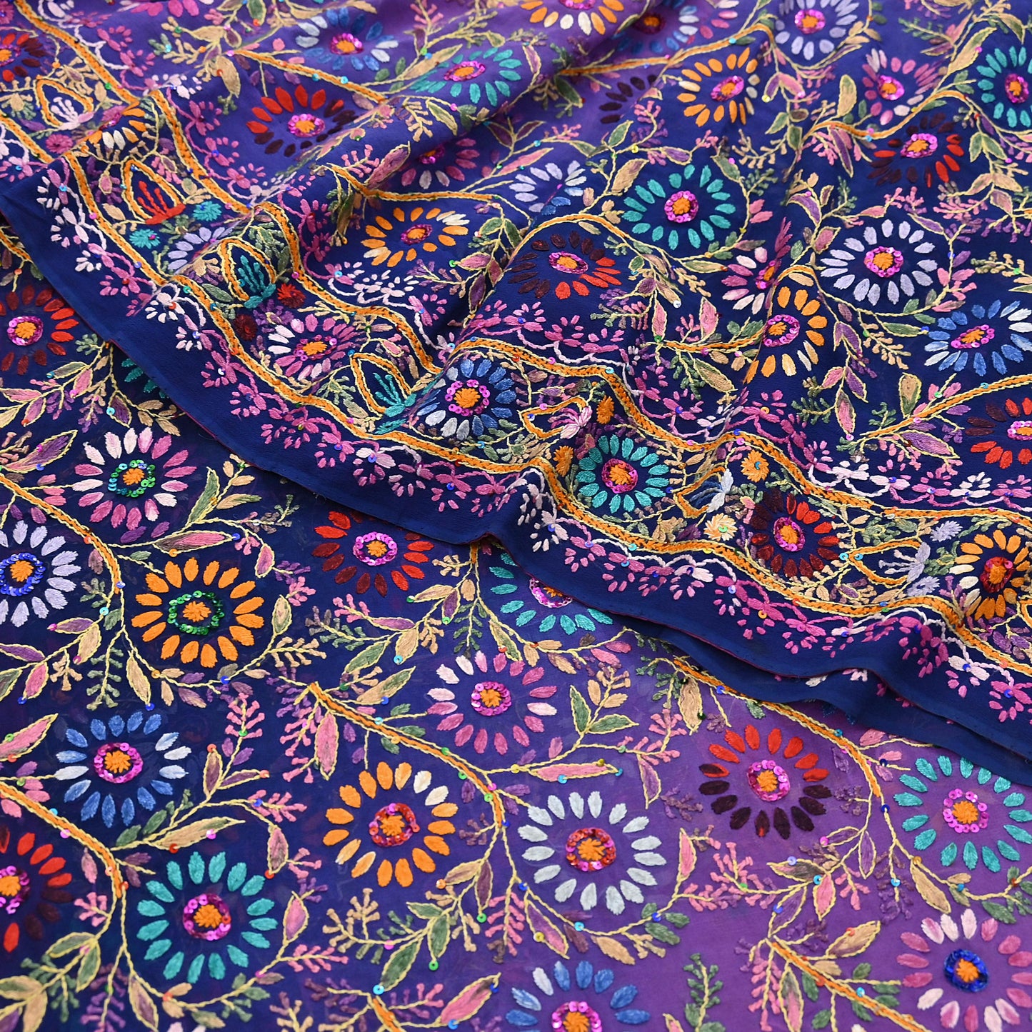 Indian Vintage Heavy Sari Multi Pure Georgette Silk Hand Embroidered Chain stitch Sarees Craft Fabric 5Yd Sewing Dress making Wedding sari