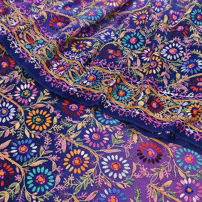 Indian Vintage Heavy Sari Multi Pure Georgette Silk Hand Embroidered Chain stitch Sarees Craft Fabric 5Yd Sewing Dress making Wedding sari