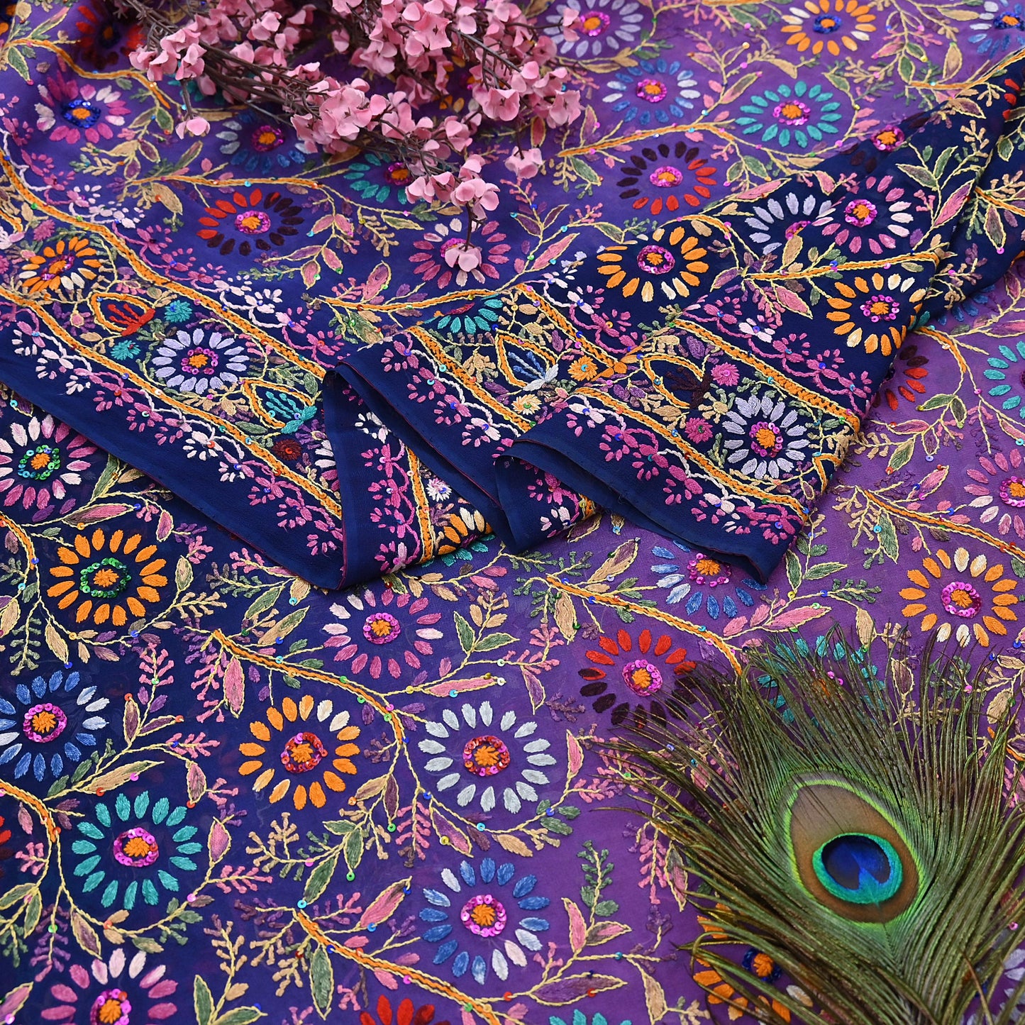 Indian Vintage Heavy Sari Multi Pure Georgette Silk Hand Embroidered Chain stitch Sarees Craft Fabric 5Yd Sewing Dress making Wedding sari