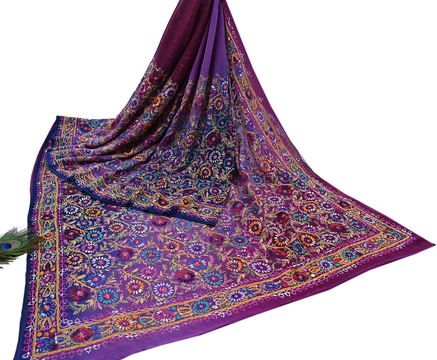 Indian Vintage Heavy Sari Multi Pure Georgette Silk Hand Embroidered Chain stitch Sarees Craft Fabric 5Yd Sewing Dress making Wedding sari