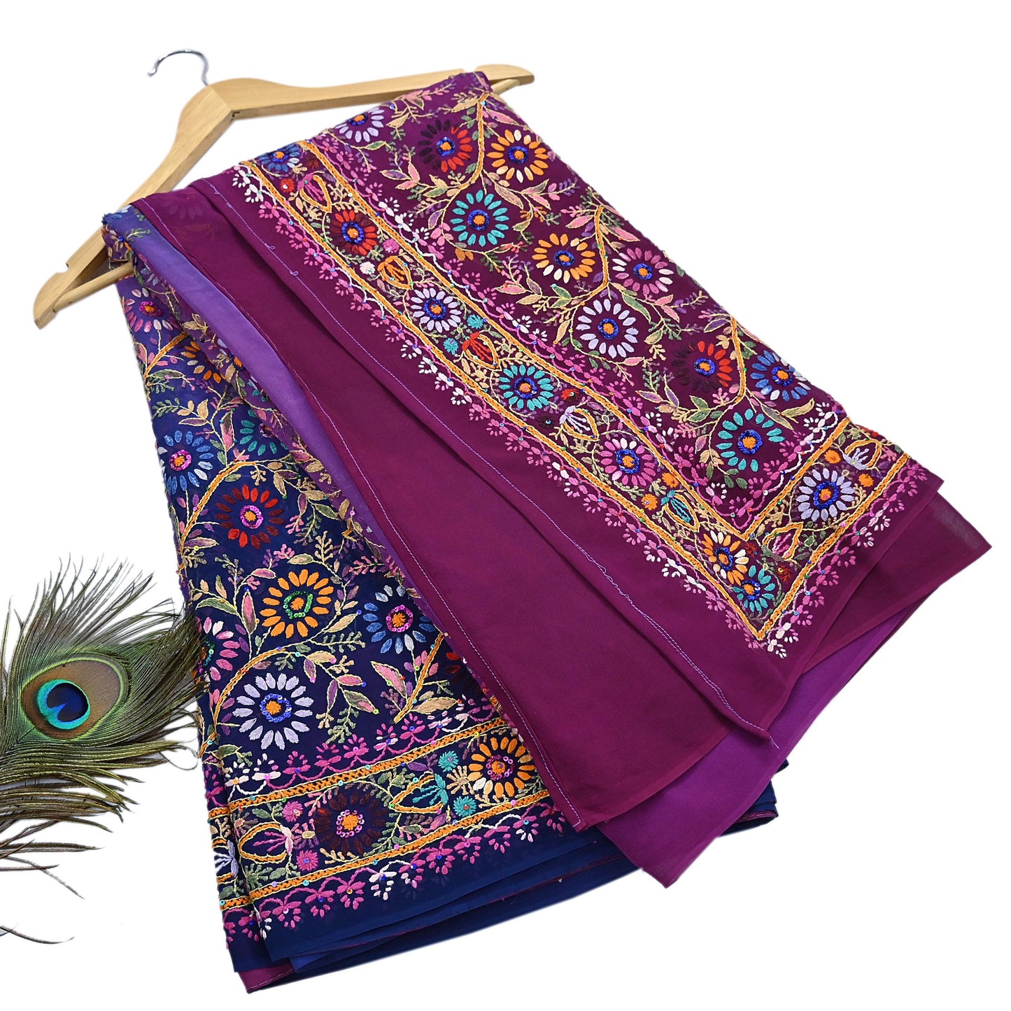 Indian Vintage Heavy Sari Multi Pure Georgette Silk Hand Embroidered Chain stitch Sarees Craft Fabric 5Yd Sewing Dress making Wedding sari