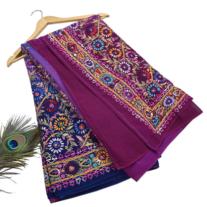 Indian Vintage Heavy Sari Multi Pure Georgette Silk Hand Embroidered Chain stitch Sarees Craft Fabric 5Yd Sewing Dress making Wedding sari