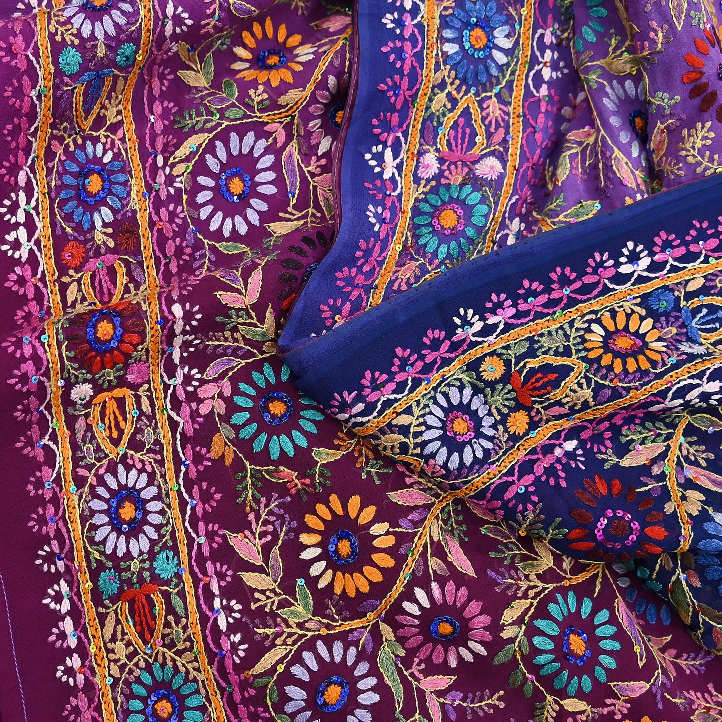 Indian Vintage Heavy Sari Multi Pure Georgette Silk Hand Embroidered Chain stitch Sarees Craft Fabric 5Yd Sewing Dress making Wedding sari