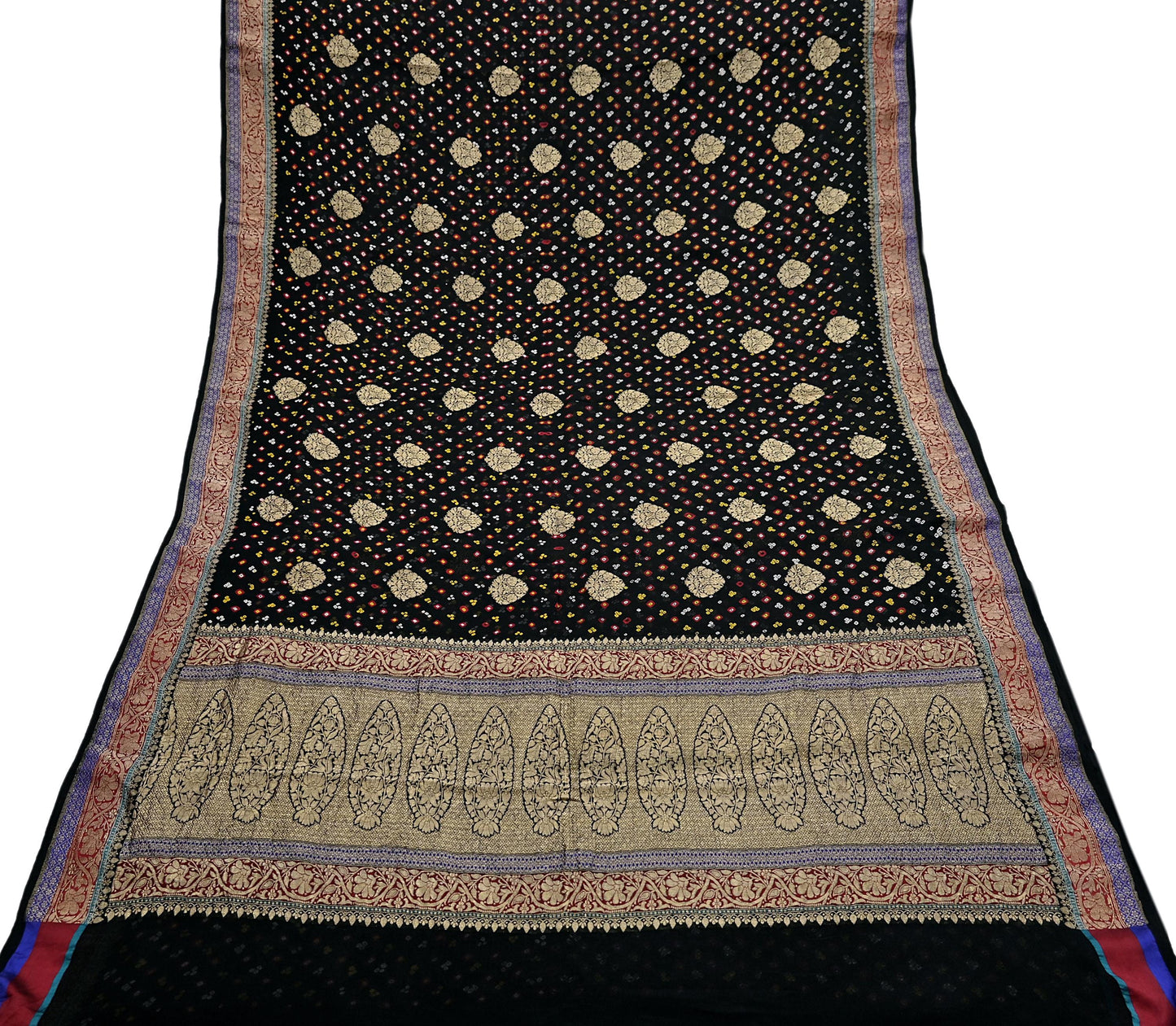 Indian Vintage Sari Black Pure Georgette silk Hand Woven Bandhani Sarees Ethnic Zari Wedding Saree