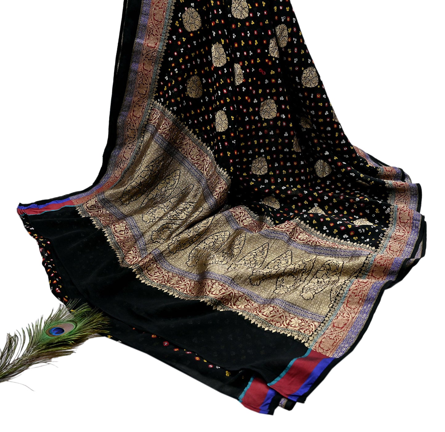 Indian Vintage Sari Black Pure Georgette silk Hand Woven Bandhani Sarees Ethnic Zari Wedding Saree