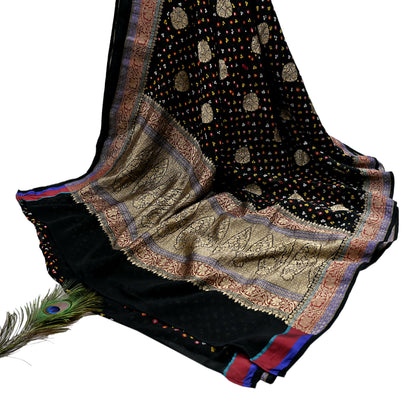 Indian Vintage Sari Black Pure Georgette silk Hand Woven Bandhani Sarees Ethnic Zari Wedding Saree