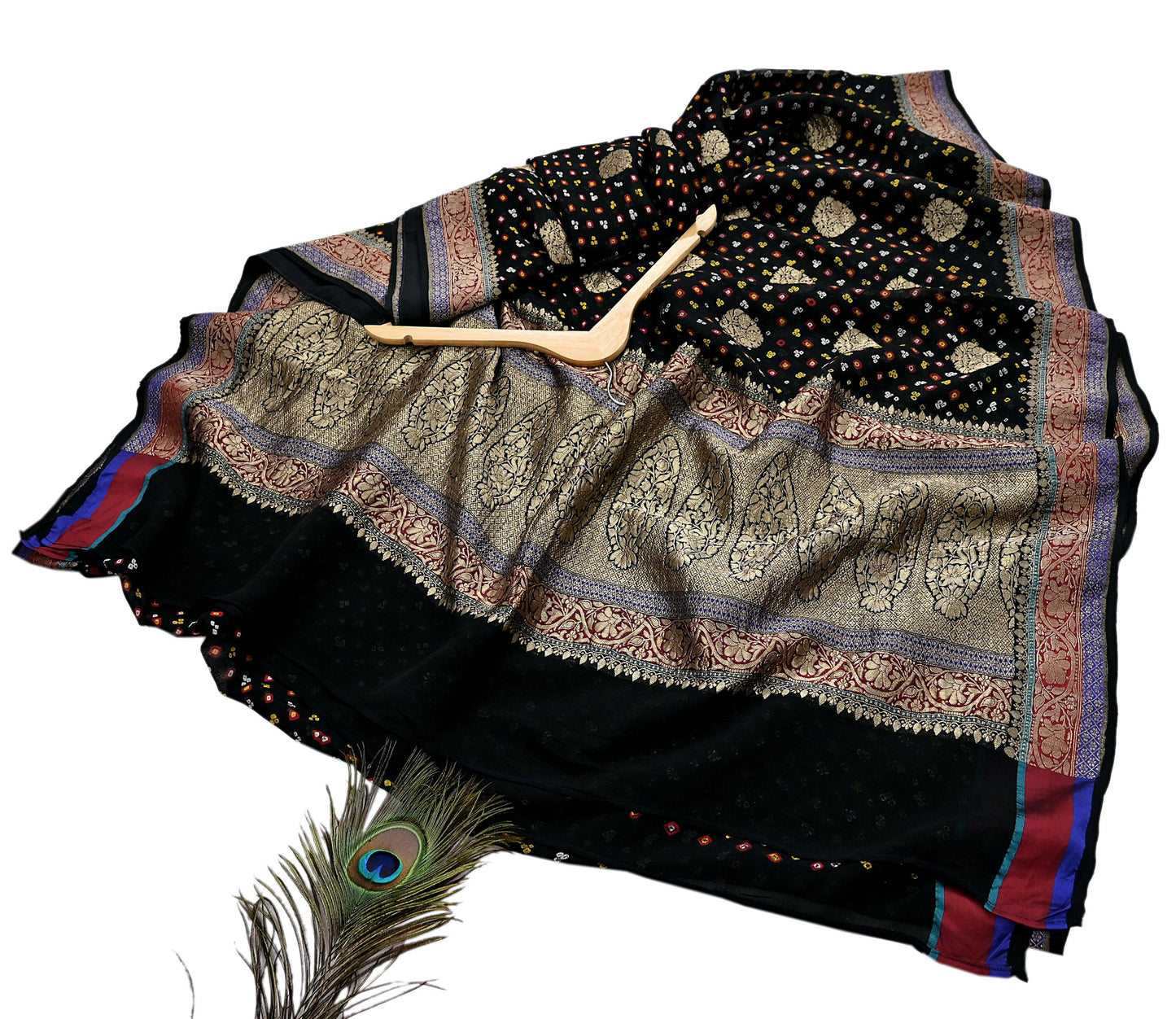Indian Vintage Sari Black Pure Georgette silk Hand Woven Bandhani Sarees Ethnic Zari Wedding Saree