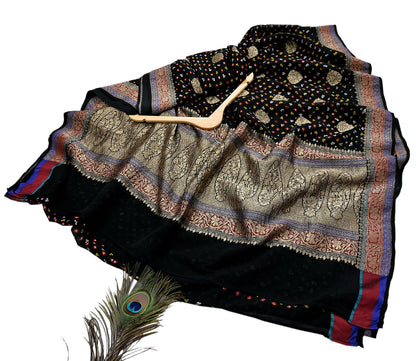 Indian Vintage Sari Black Pure Georgette silk Hand Woven Bandhani Sarees Ethnic Zari Wedding Saree