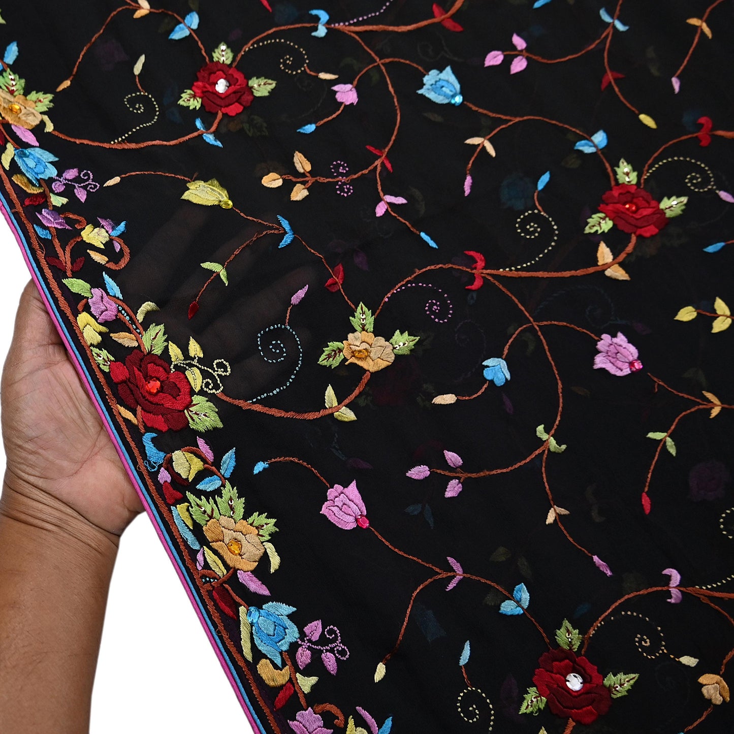 Indian Vintage Heavy Sari Black Pure Georgette Silk Hand Embroidered Parsi Gara Sarees Craft Fabric 6Yd Sewing Dress making