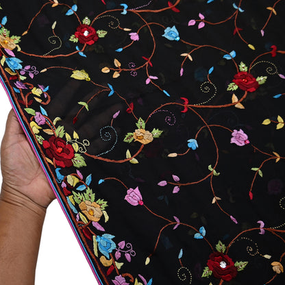 Indian Vintage Heavy Sari Black Pure Georgette Silk Hand Embroidered Parsi Gara Sarees Craft Fabric 6Yd Sewing Dress making