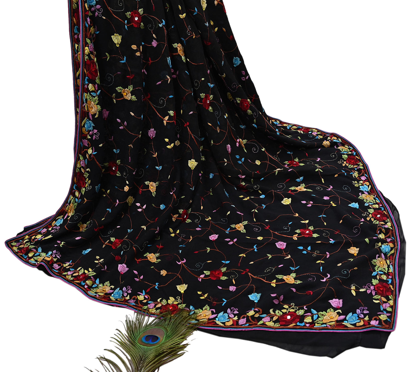 Indian Vintage Heavy Sari Black Pure Georgette Silk Hand Embroidered Parsi Gara Sarees Craft Fabric 6Yd Sewing Dress making