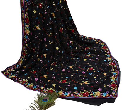 Indian Vintage Heavy Sari Black Pure Georgette Silk Hand Embroidered Parsi Gara Sarees Craft Fabric 6Yd Sewing Dress making