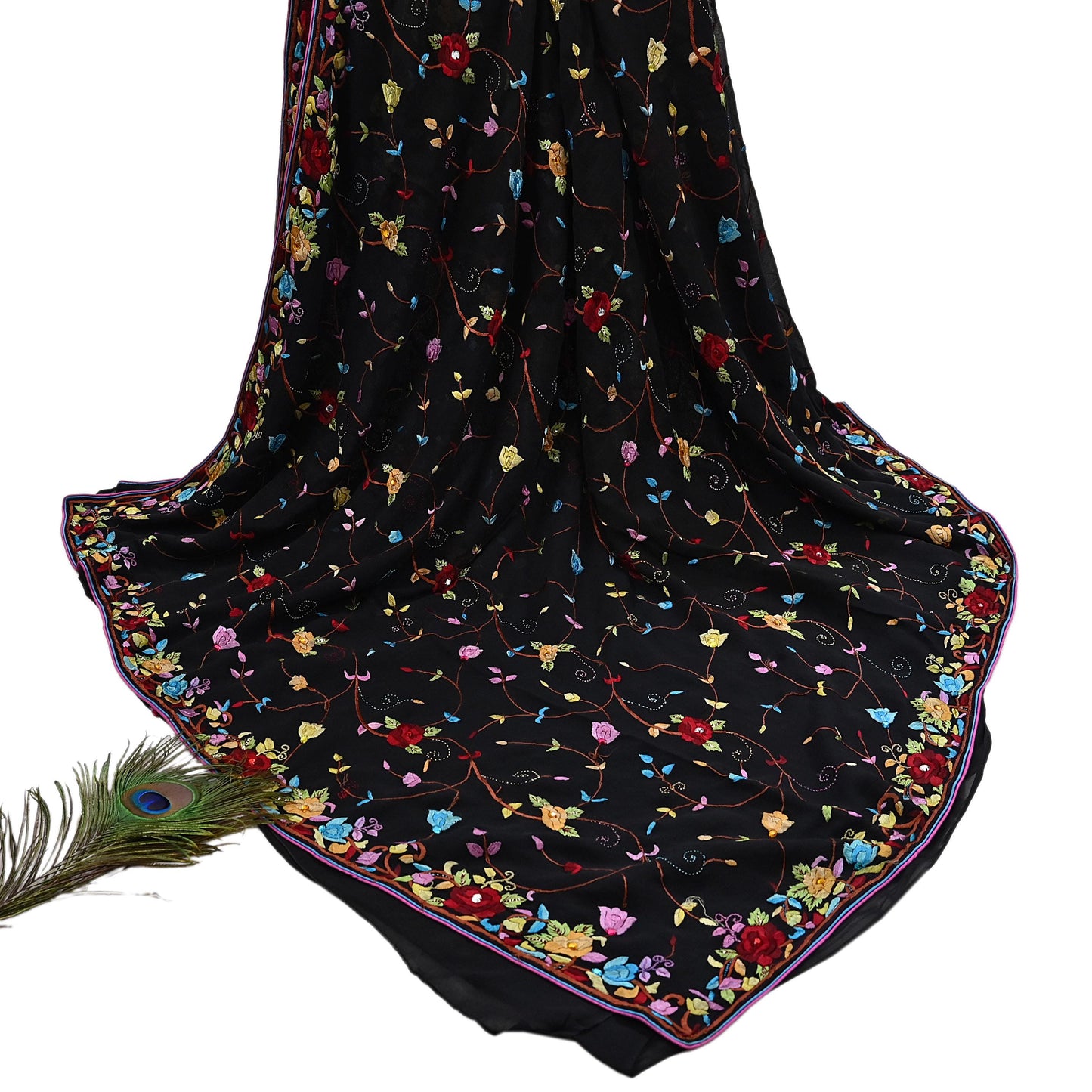 Indian Vintage Heavy Sari Black Pure Georgette Silk Hand Embroidered Parsi Gara Sarees Craft Fabric 6Yd Sewing Dress making