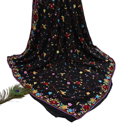 Indian Vintage Heavy Sari Black Pure Georgette Silk Hand Embroidered Parsi Gara Sarees Craft Fabric 6Yd Sewing Dress making