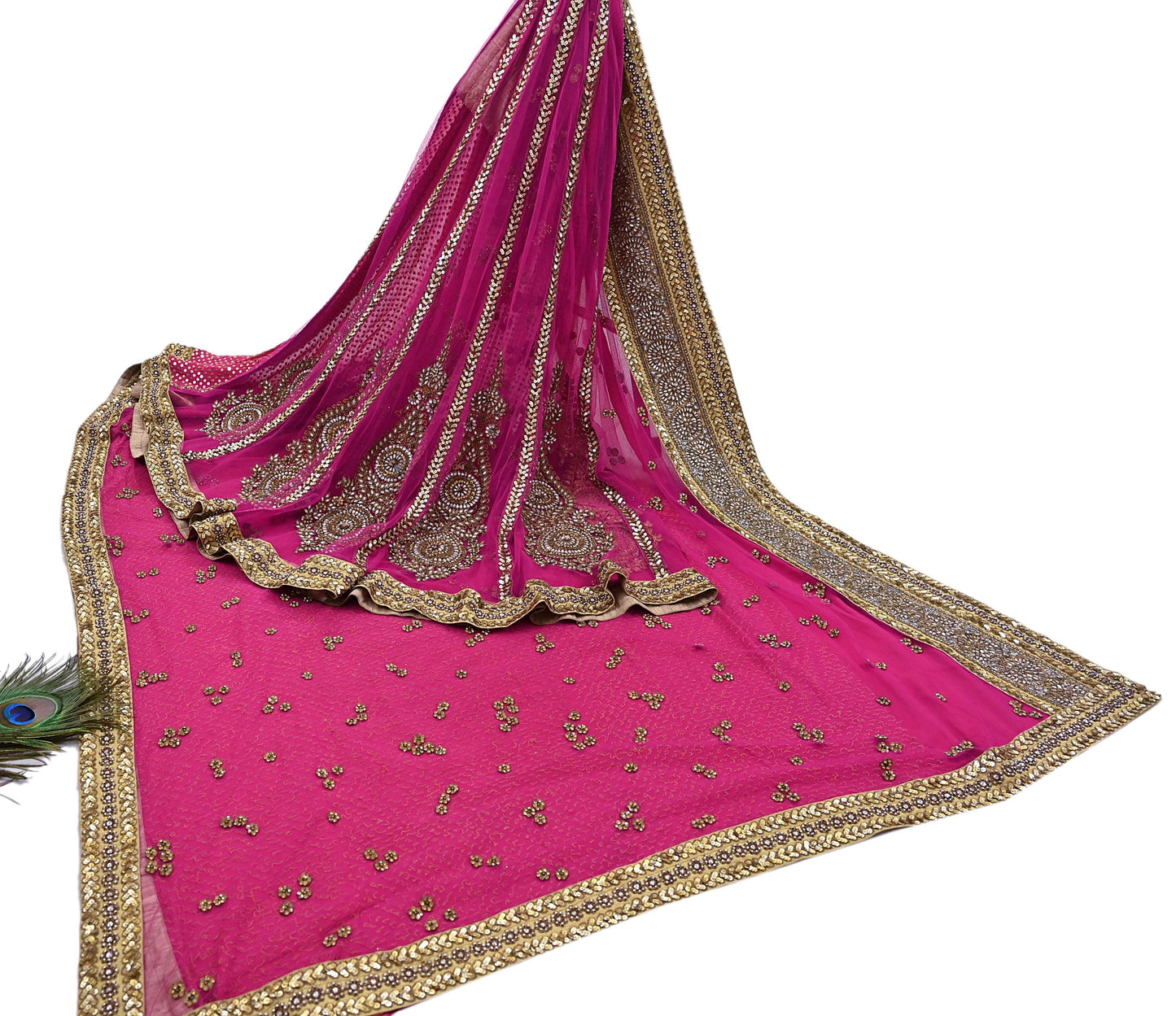 Indian Vintage Sari Rani Pink pure georgette silk Hand Embroidered Designer Sabyasachi Lehenga Sarees Ethnic Wedding Sarees 6yd