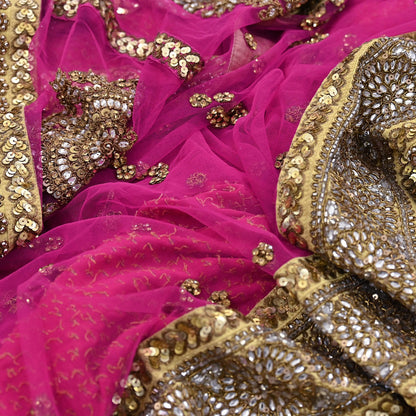 Indian Vintage Sari Rani Pink pure georgette silk Hand Embroidered Designer Sabyasachi Lehenga Sarees Ethnic Wedding Sarees 6yd