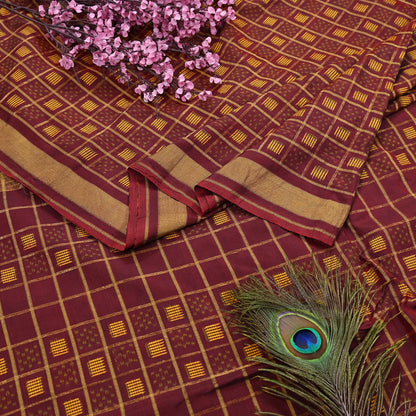 Vintage Maroon Rajkot Patola Saree Pure Silk Single Ikat Handwoven Indian Sari 5Yd Craft Fabric Zari Border Dress Making
