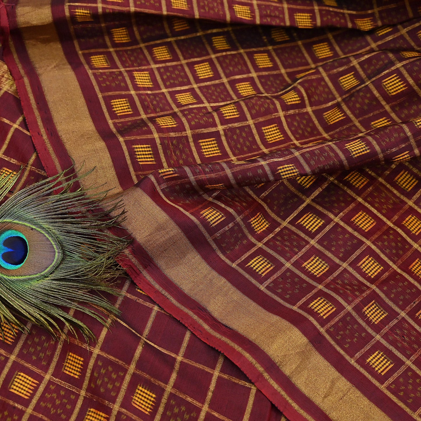 Vintage Maroon Rajkot Patola Saree Pure Silk Single Ikat Handwoven Indian Sari 5Yd Craft Fabric Zari Border Dress Making