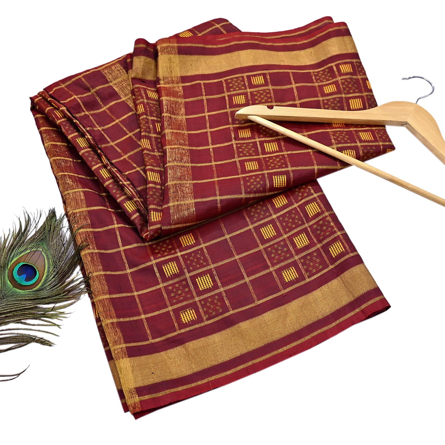 Vintage Maroon Rajkot Patola Saree Pure Silk Single Ikat Handwoven Indian Sari 5Yd Craft Fabric Zari Border Dress Making