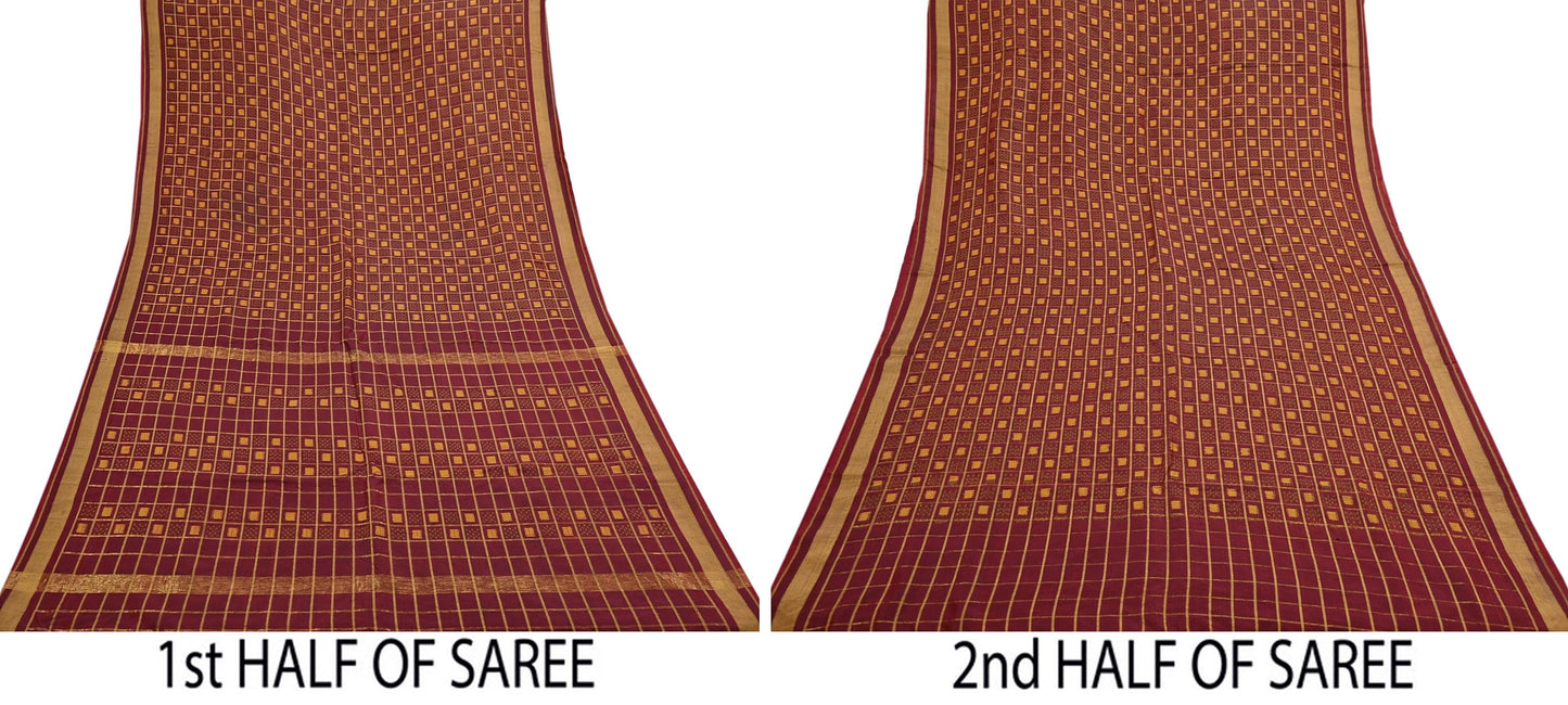 Vintage Maroon Rajkot Patola Saree Pure Silk Single Ikat Handwoven Indian Sari 5Yd Craft Fabric Zari Border Dress Making