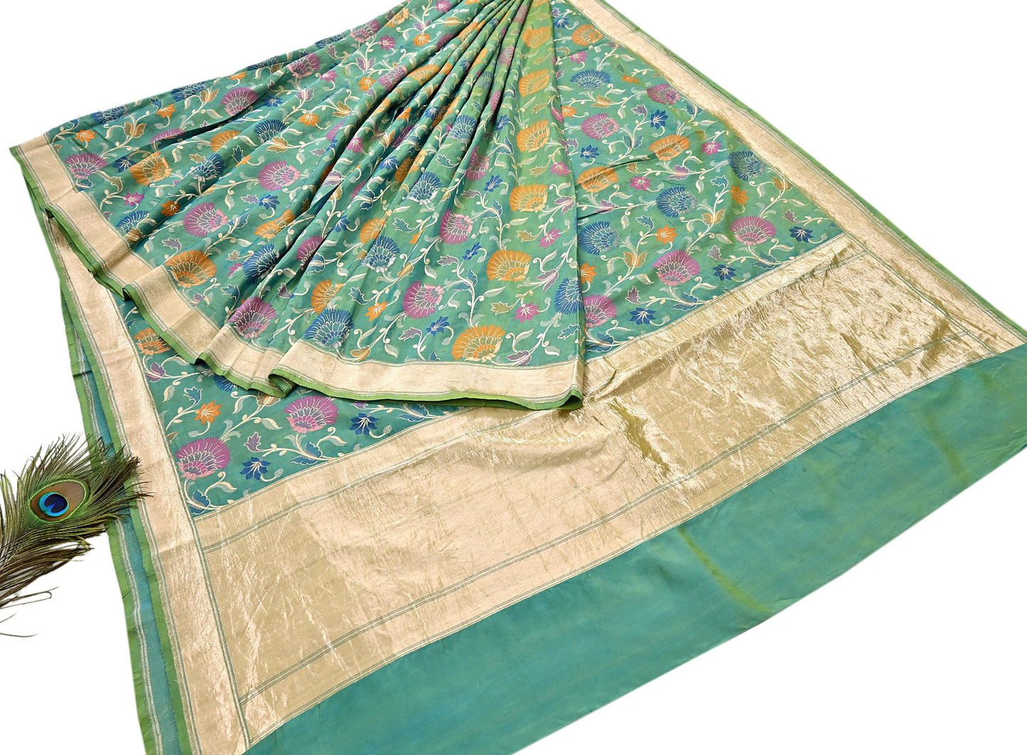 Indian Vintage Heavy Golden & Green Saree 100% Pure Silk Hand Woven Kanjeevaram Sari 5yd Ethnic Zari Premium Wedding Saree Fringes