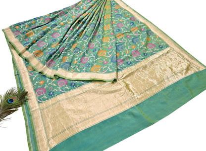 Indian Vintage Heavy Golden & Green Saree 100% Pure Silk Hand Woven Kanjeevaram Sari 5yd Ethnic Zari Premium Wedding Saree Fringes