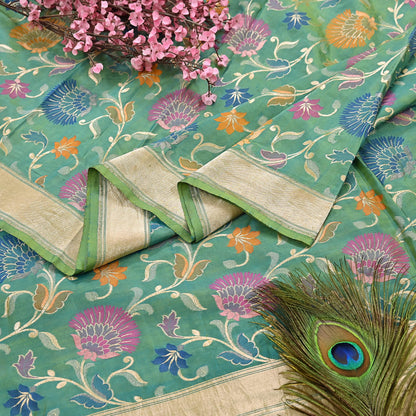Indian Vintage Heavy Golden & Green Saree 100% Pure Silk Hand Woven Kanjeevaram Sari 5yd Ethnic Zari Premium Wedding Saree Fringes