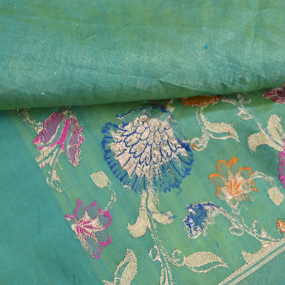Indian Vintage Heavy Golden & Green Saree 100% Pure Silk Hand Woven Kanjeevaram Sari 5yd Ethnic Zari Premium Wedding Saree Fringes