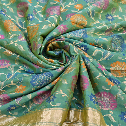 Indian Vintage Heavy Golden & Green Saree 100% Pure Silk Hand Woven Kanjeevaram Sari 5yd Ethnic Zari Premium Wedding Saree Fringes
