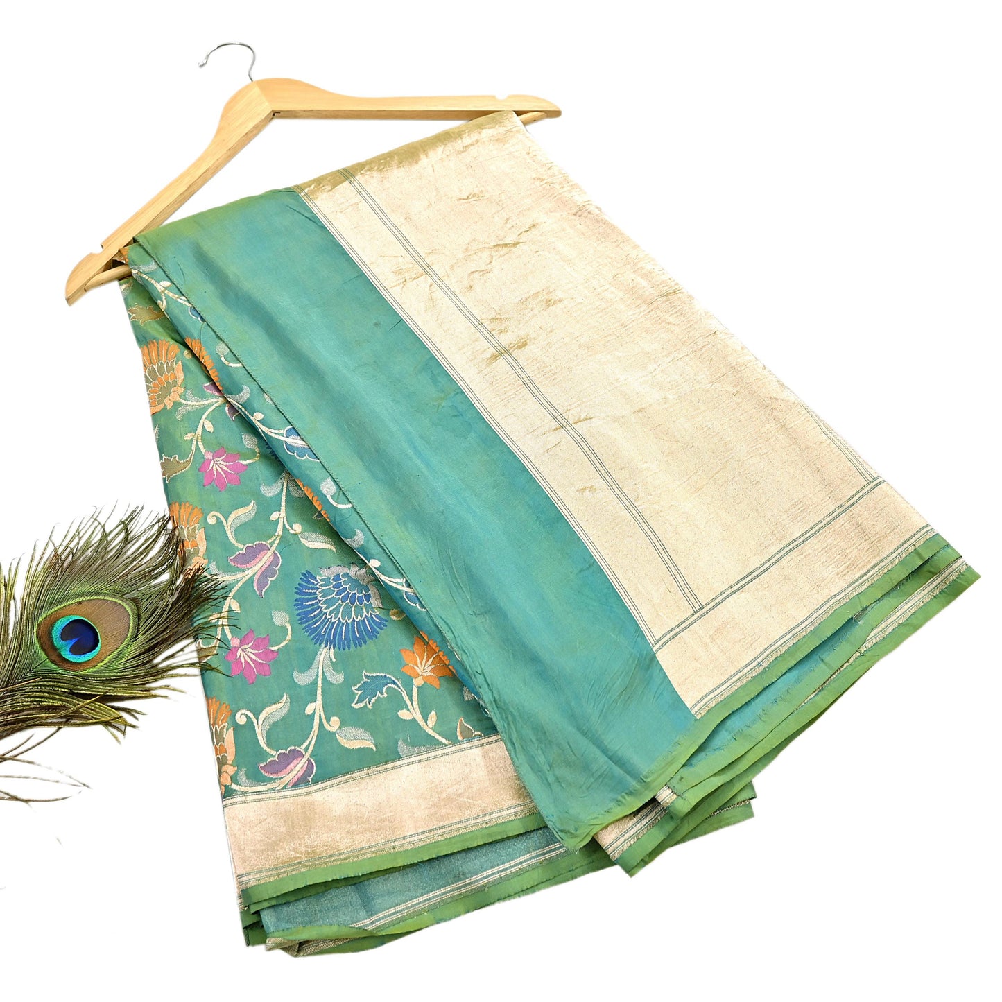 Indian Vintage Heavy Golden & Green Saree 100% Pure Silk Hand Woven Kanjeevaram Sari 5yd Ethnic Zari Premium Wedding Saree Fringes