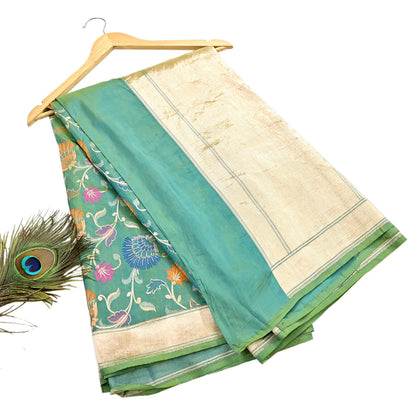 Indian Vintage Heavy Golden & Green Saree 100% Pure Silk Hand Woven Kanjeevaram Sari 5yd Ethnic Zari Premium Wedding Saree Fringes