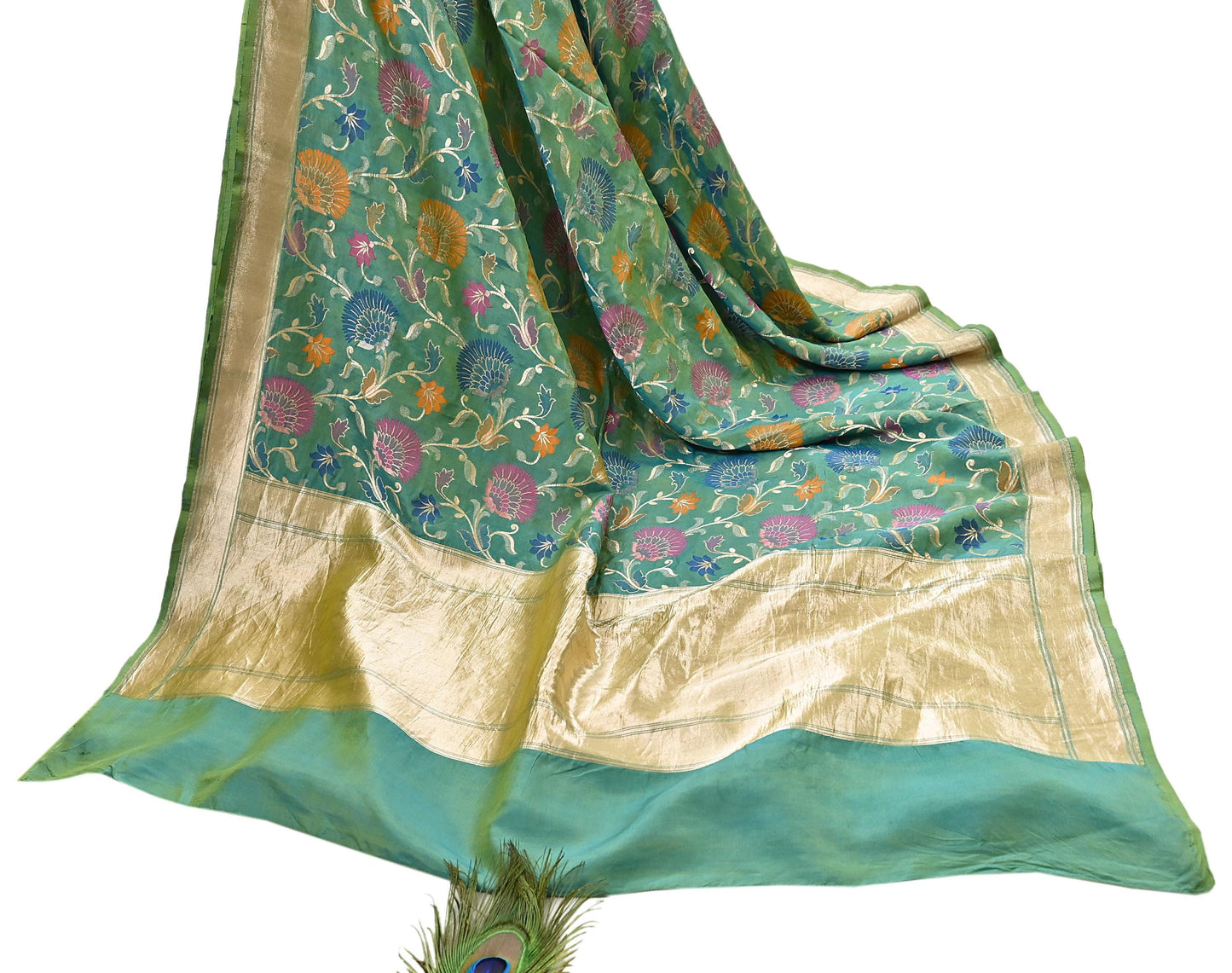 Indian Vintage Heavy Golden & Green Saree 100% Pure Silk Hand Woven Kanjeevaram Sari 5yd Ethnic Zari Premium Wedding Saree Fringes