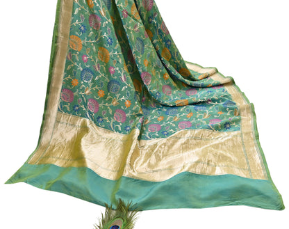 Indian Vintage Heavy Golden & Green Saree 100% Pure Silk Hand Woven Kanjeevaram Sari 5yd Ethnic Zari Premium Wedding Saree Fringes