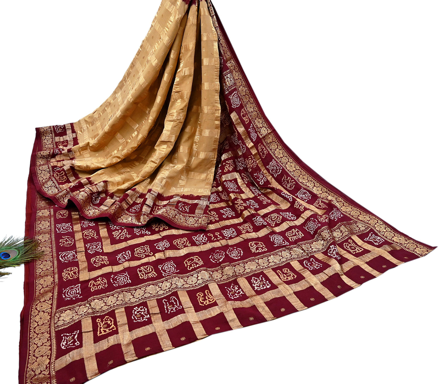 Indian Vintage Sari Beige & Maroon Pure Cotton Hand woven Bandhani Gharchola Sarees Ethnic Zardozi/Dabka Zari Wedding Saree