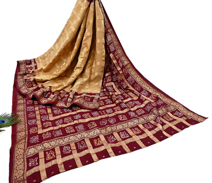 Indian Vintage Sari Beige & Maroon Pure Cotton Hand woven Bandhani Gharchola Sarees Ethnic Zardozi/Dabka Zari Wedding Saree