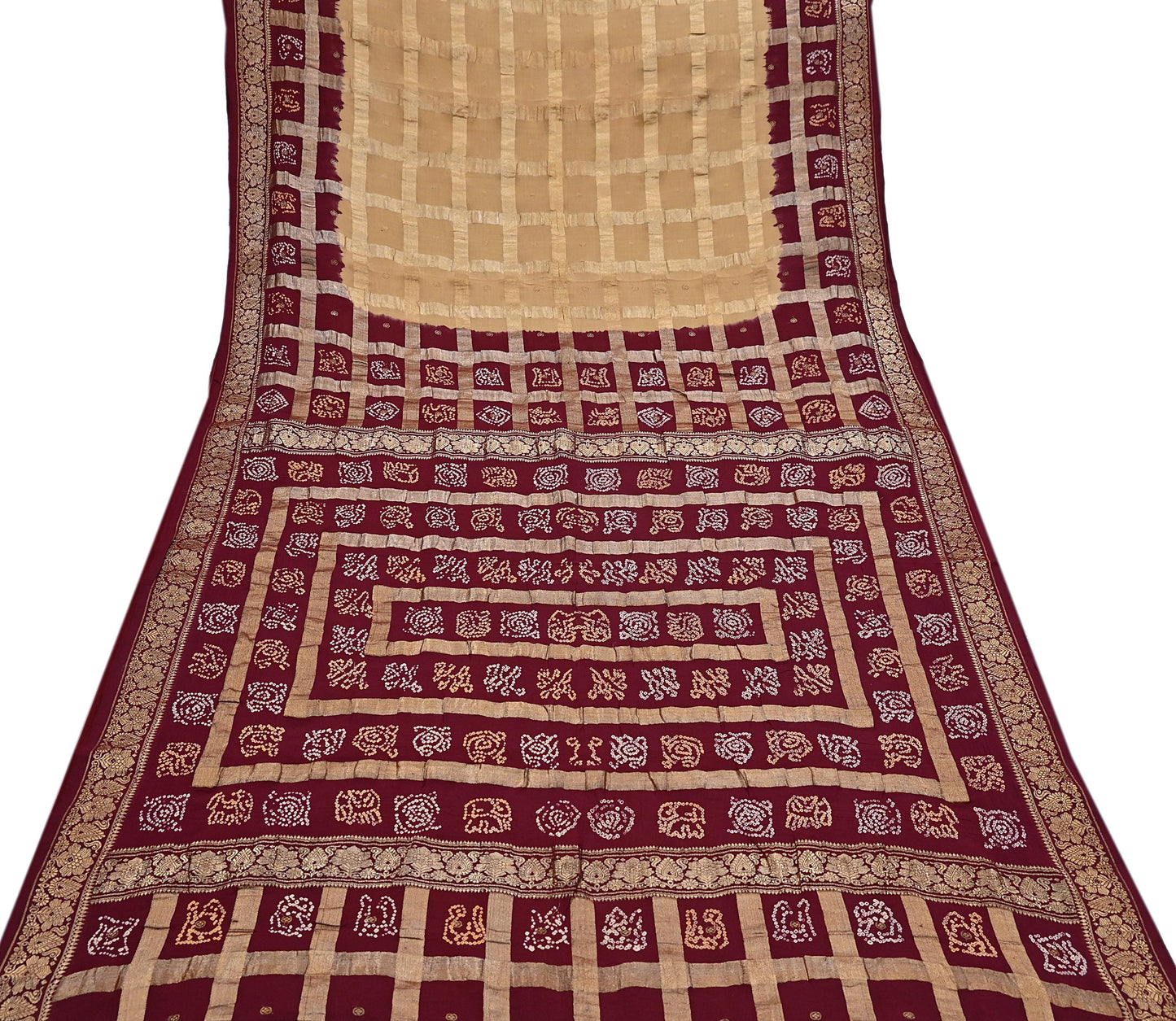 Indian Vintage Sari Beige & Maroon Pure Cotton Hand woven Bandhani Gharchola Sarees Ethnic Zardozi/Dabka Zari Wedding Saree