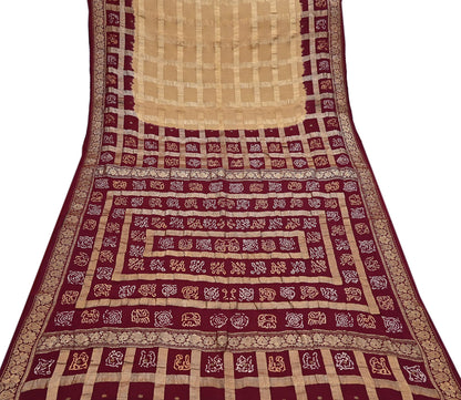 Indian Vintage Sari Beige & Maroon Pure Cotton Hand woven Bandhani Gharchola Sarees Ethnic Zardozi/Dabka Zari Wedding Saree