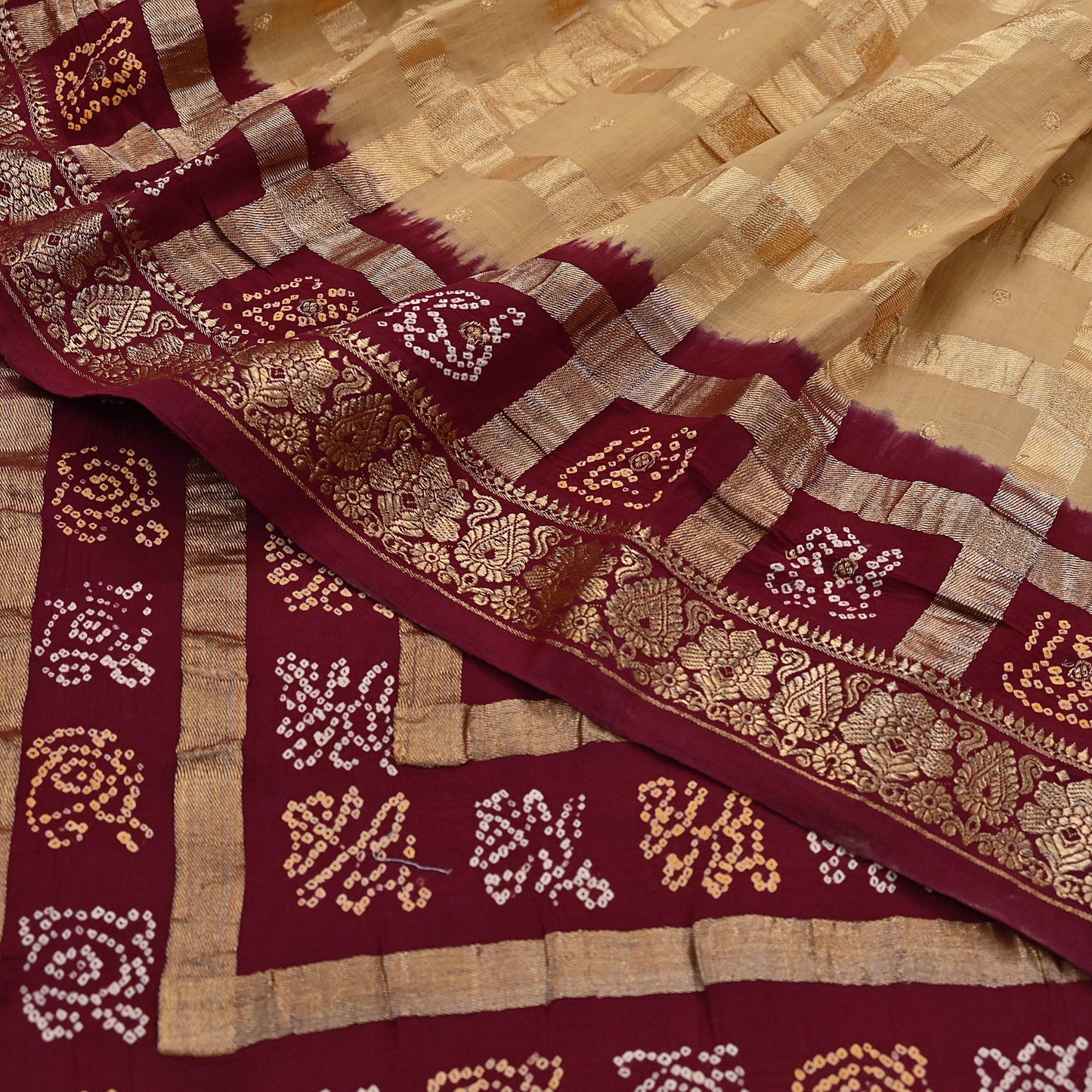 Indian Vintage Sari Beige & Maroon Pure Cotton Hand woven Bandhani Gharchola Sarees Ethnic Zardozi/Dabka Zari Wedding Saree