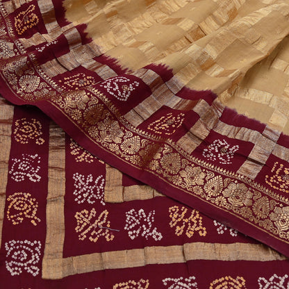 Indian Vintage Sari Beige & Maroon Pure Cotton Hand woven Bandhani Gharchola Sarees Ethnic Zardozi/Dabka Zari Wedding Saree