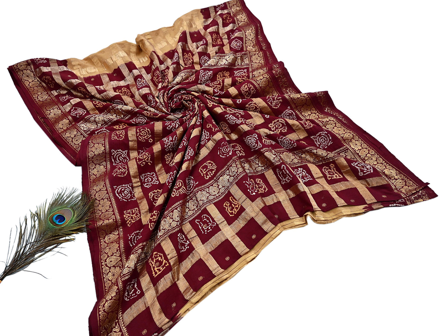 Indian Vintage Sari Beige & Maroon Pure Cotton Hand woven Bandhani Gharchola Sarees Ethnic Zardozi/Dabka Zari Wedding Saree