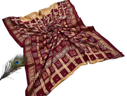 Indian Vintage Sari Beige & Maroon Pure Cotton Hand woven Bandhani Gharchola Sarees Ethnic Zardozi/Dabka Zari Wedding Saree