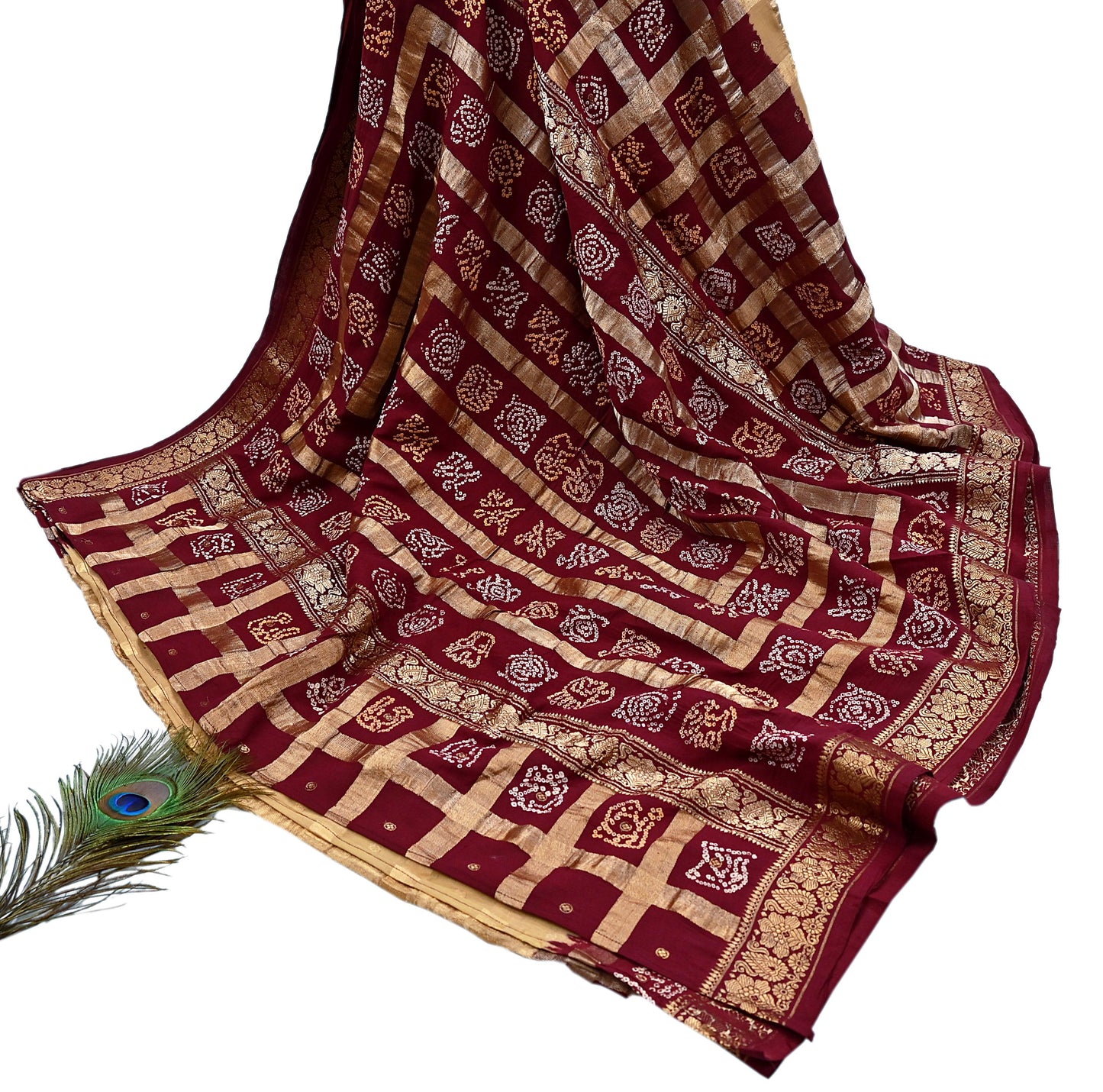 Indian Vintage Sari Beige & Maroon Pure Cotton Hand woven Bandhani Gharchola Sarees Ethnic Zardozi/Dabka Zari Wedding Saree