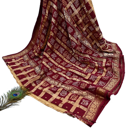 Indian Vintage Sari Beige & Maroon Pure Cotton Hand woven Bandhani Gharchola Sarees Ethnic Zardozi/Dabka Zari Wedding Saree