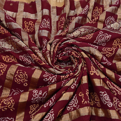 Indian Vintage Sari Beige & Maroon Pure Cotton Hand woven Bandhani Gharchola Sarees Ethnic Zardozi/Dabka Zari Wedding Saree